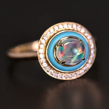 Load image into Gallery viewer, Mexican Fire Opal, Turquoise, Halo Diamond Engagement Ring in 18K Yellow Gold