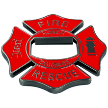 Load image into Gallery viewer, BL14-016 Maltese Cross Fire Department Bottle Opener American Flag Challenge Coin Fire Fighter