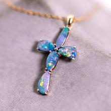 Load image into Gallery viewer, Free Shaped Doublet Opal Cross Necklace 14K Yellow Gold
