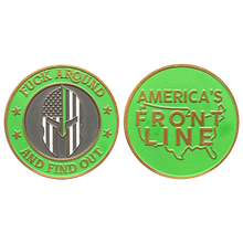 Load image into Gallery viewer, GL4-002 F Around and Find out Challenge Coin Thin Green Line Flag Spartan Gladiator Warrior Helmet Border Patrol Army Marines Veteran