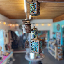 Load image into Gallery viewer, Painted Tree of Life Hanging Lantern- Blue/Bronze