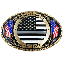 Load image into Gallery viewer, EL4-007 Correctional Officer Antique Gold Thin Gray Line CO Police American Flag Corrections Belt Buckle America's Front Line Oath Taker