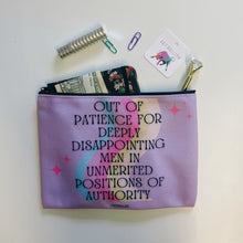 Load image into Gallery viewer, GetBullish Out of Patience with Disappointing Men Feminist Canvas Zipper Pouch 9.5" x 7" | Cosmetics Bag or Pencil Case