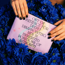Load image into Gallery viewer, GetBullish Out of Patience with Disappointing Men Feminist Canvas Zipper Pouch 9.5" x 7" | Cosmetics Bag or Pencil Case