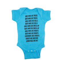 Load image into Gallery viewer, GetBullish Robot Gender Roles Feminist Baby Bodysuit in Bright Aqua | Hand Silk-Screened