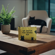 Load image into Gallery viewer, GetBullish We Watch You Having Sex Cats Canvas Zipper Pouch 9.5" x 7" | Cosmetics Bag or Pencil Case