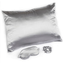 Load image into Gallery viewer, Giftable Gray Goodnight Gorgeous Satin Sleep Set [Includes Pillowcase, Sleep Mask + Scrunchie]