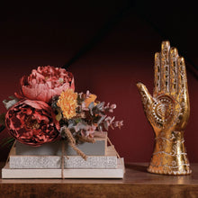 Load image into Gallery viewer, Gold Hamsa Hand Figurine | Decorative Resin Evil Eye Statue with Floral Detail | 10.25”