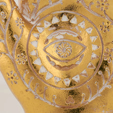 Load image into Gallery viewer, Gold Hamsa Hand Figurine | Decorative Resin Evil Eye Statue with Floral Detail | 10.25”