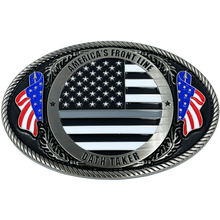 Load image into Gallery viewer, EL4-008 Correctional Officer Antique Nickel Thin Gray Line CO Police American Flag Corrections Belt Buckle America's Front Line Oath Taker