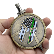 Load image into Gallery viewer, EL5-018 Thin Green Line Border Patrol CBP BPA Warrior Gladiator Shield with removable Sword Challenge Coin Set Deputy Sheriff Marines Army