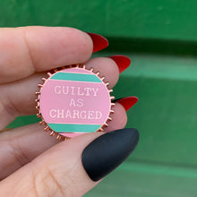 Load image into Gallery viewer, Guilty As Charged Pink and Mint Enamel Pin on Gift Card