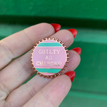 Load image into Gallery viewer, Guilty As Charged Pink and Mint Enamel Pin on Gift Card