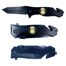 Load image into Gallery viewer, HSI Special Agent collectible 3-in-1 Police Tactical Rescue knife tool with Seatbelt Cutter, Steel Serrated Blade, Glass Breaker