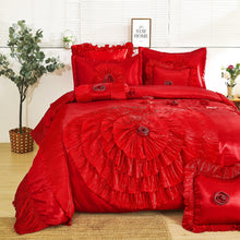 Load image into Gallery viewer, Tache Satin Ruffle Victorian Glam Romantic Red Rose Comforter Set (HY4174)