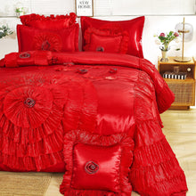 Load image into Gallery viewer, Tache Satin Ruffle Victorian Glam Romantic Red Rose Comforter Set (HY4174)