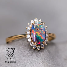 Load image into Gallery viewer, Stunning Australian Black Opal Diamond Halo Engagement Ring 18K Yellow Gold
