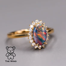 Load image into Gallery viewer, Stunning Australian Black Opal Diamond Halo Engagement Ring 18K Yellow Gold