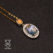 Load image into Gallery viewer, Halo Diamond Blue Sheen Moonstone Fire Opal Pendant Necklace 18k Yellow Gold