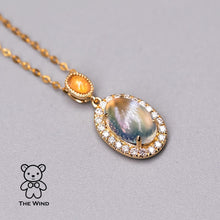 Load image into Gallery viewer, Halo Diamond Blue Sheen Moonstone Fire Opal Pendant Necklace 18k Yellow Gold