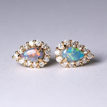 Load image into Gallery viewer, Halo Diamond Pear Shaped Black Opal Stud Earrings 14k Yellow Gold