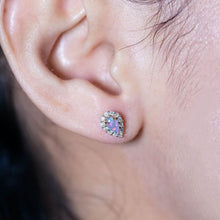 Load image into Gallery viewer, Halo Diamond Pear Shaped Black Opal Stud Earrings 14k Yellow Gold