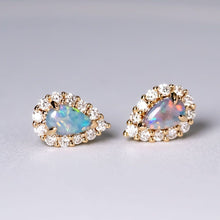 Load image into Gallery viewer, Halo Diamond Pear Shaped Black Opal Stud Earrings 14k Yellow Gold
