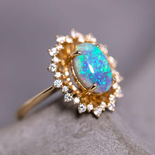 Load image into Gallery viewer, Stunning Halo Diamond Semi-Black Opal Engagement Ring 18K Yellow Gold