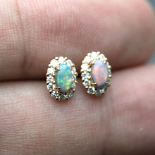 Load image into Gallery viewer, Halo Diamond Stud Earrings with Black Opal 18K Yellow Gold