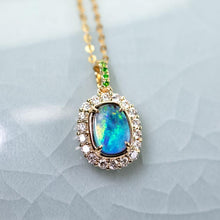 Load image into Gallery viewer, Bright Green Halo Diamond Tsavorite Black Opal Necklace 18k Yellow Gold