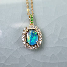Load image into Gallery viewer, Bright Green Halo Diamond Tsavorite Black Opal Necklace 18k Yellow Gold