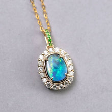Load image into Gallery viewer, Bright Green Halo Diamond Tsavorite Black Opal Necklace 18k Yellow Gold
