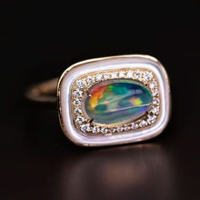 Load image into Gallery viewer, Halo de Fuego - Fire Opal &amp; Diamond Engagement Ring 18K Yellow Gold