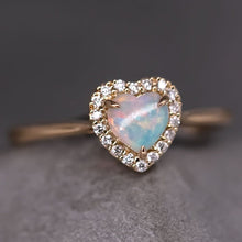 Load image into Gallery viewer, Heart Shaped Solid Opal Halo Diamond Engagement Ring 18K Yellow Gold