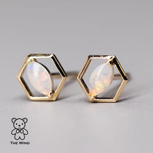 Load image into Gallery viewer, Geometric Hexagon Shaped Australian Solid Opal Stud Earrings 14K Yellow Gold