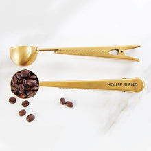 Load image into Gallery viewer, House Blend Coffee Clip + Scoop in Brass Finish | Stainless Steel Measuring Spoon/Resealer