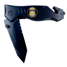Load image into Gallery viewer, ICE officer collectible 3-in-1 Police Tactical Rescue knife tool with Seatbelt Cutter, Steel Serrated Blade, Glass Breaker