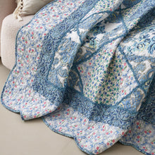 Load image into Gallery viewer, Tache Petal Dance White Blue Floral Vintage Garden Scalloped Cotton Patchwork Quilted Throw Blanket (JHW-646)