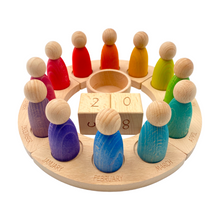 Load image into Gallery viewer, Wooden Perpetual Calendar with 12 Stained Rainbow Peg Figures