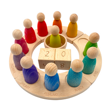 Load image into Gallery viewer, Wooden Perpetual Calendar with 12 Stained Rainbow Peg Figures