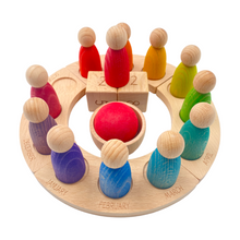 Load image into Gallery viewer, Wooden Perpetual Calendar with 12 Stained Rainbow Peg Figures