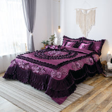 Load image into Gallery viewer, Tache Satin Ruffle Dark Purple Floral Midnight Bloom Comforter (BM-6438)