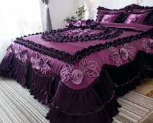Load image into Gallery viewer, Tache Satin Ruffle Dark Purple Floral Midnight Bloom Comforter (BM-6438)