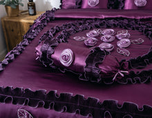 Load image into Gallery viewer, Tache Satin Ruffle Dark Purple Floral Midnight Bloom Comforter (BM-6438)