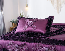 Load image into Gallery viewer, Tache Satin Ruffle Dark Purple Floral Midnight Bloom Comforter (BM-6438)