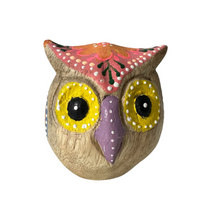 Load image into Gallery viewer, Hand-Painted Wooden Owl Figurine - Yellow Eyes &amp; Pink Accents