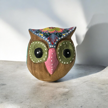 Load image into Gallery viewer, Hand-Painted Wooden Owl Figurine - Blue &amp; Pink Floral Accents
