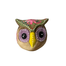 Load image into Gallery viewer, Hand-Painted Wooden Owl Figurine - Purple Eyes &amp; Yellow Beak