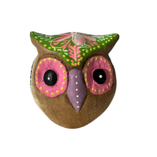 Load image into Gallery viewer, Hand-Painted Wooden Owl Figurine - Purple &amp; Pink Decorative Pattern