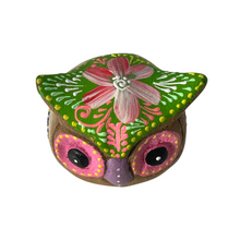Load image into Gallery viewer, Hand-Painted Wooden Owl Figurine - Purple &amp; Pink Decorative Pattern